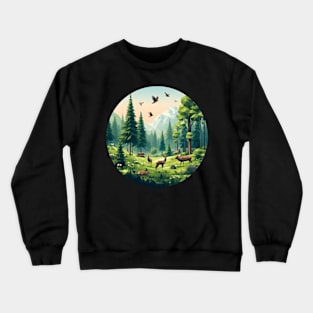 Spring Forest Low Poly Deer and Birds Crewneck Sweatshirt